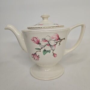 Vintage Homer Laughlin Teapot Coffee Pot Magnolia/Pink Dogwood Flowers G53N6 MCM